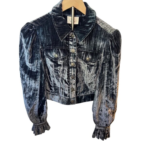 Cinq à Sept XS Dillon Cropped Crushed Velvet Jacket – Slate Gray Blue - Picture 3 of 11
